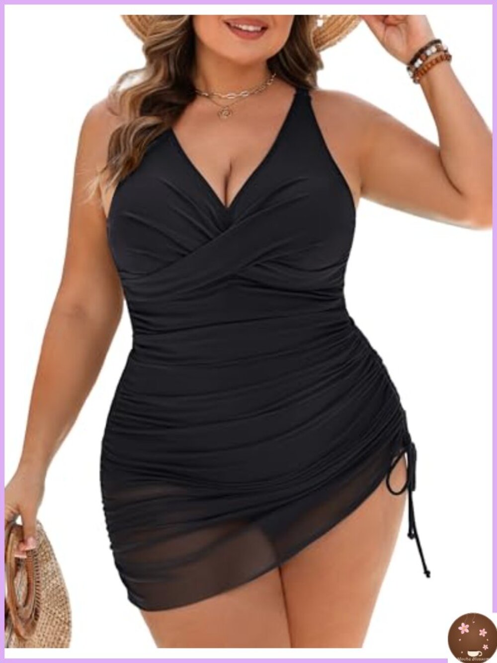 Women Plus Size Tummy Control Swim Dress One Piece Ruched V-Neck Bathing Suit